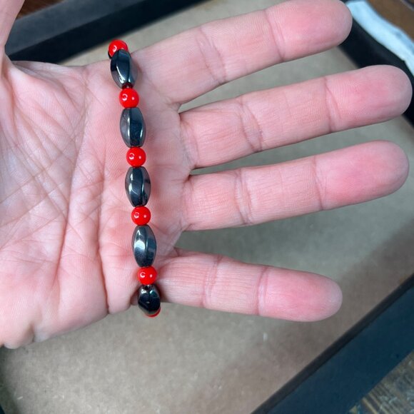 Hematite & Red Bead Stretch Bracelet - 7 Inch - Picture 4 of 4
